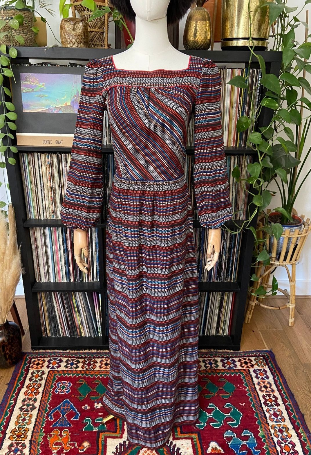 Vintage 1970s Black Printed Maxi Dress