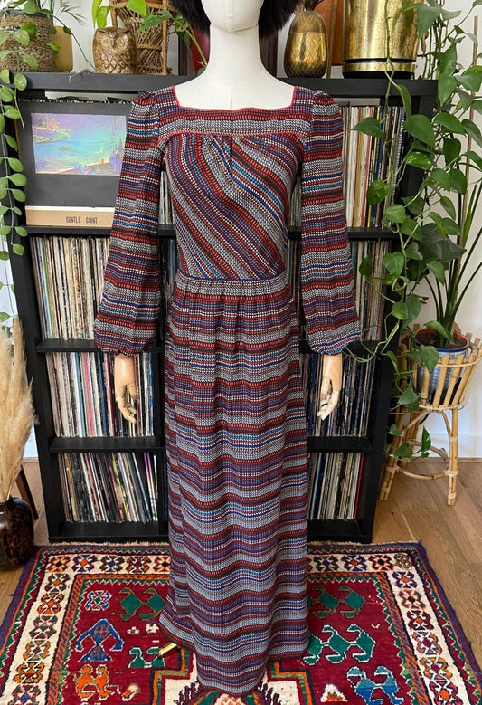 Vintage 1970s Black Printed Maxi Dress