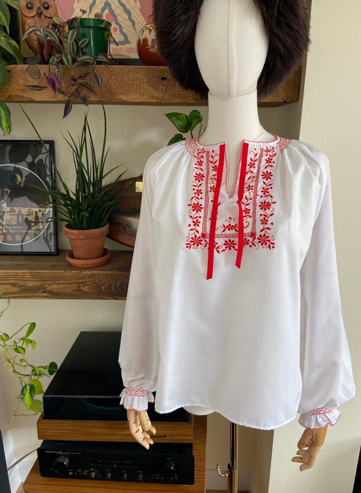 Vintage 1970s White & Red Embroidered Folk Blouse