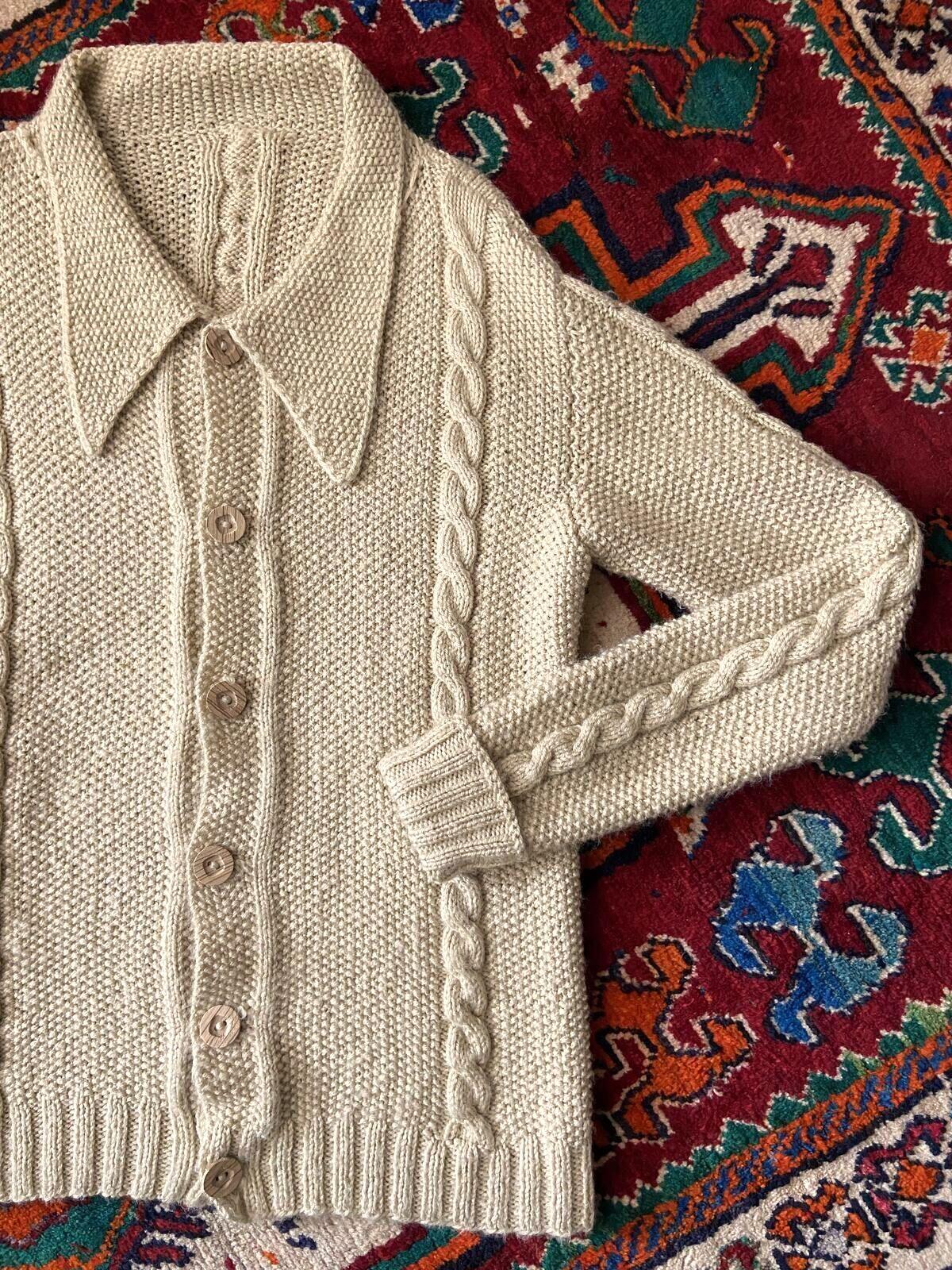 Vintage 1970s Dagger Collar Cable Knit Cardigan