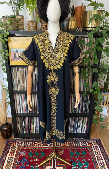 Vintage 1970s Black & Gold Embroidered Kaftan