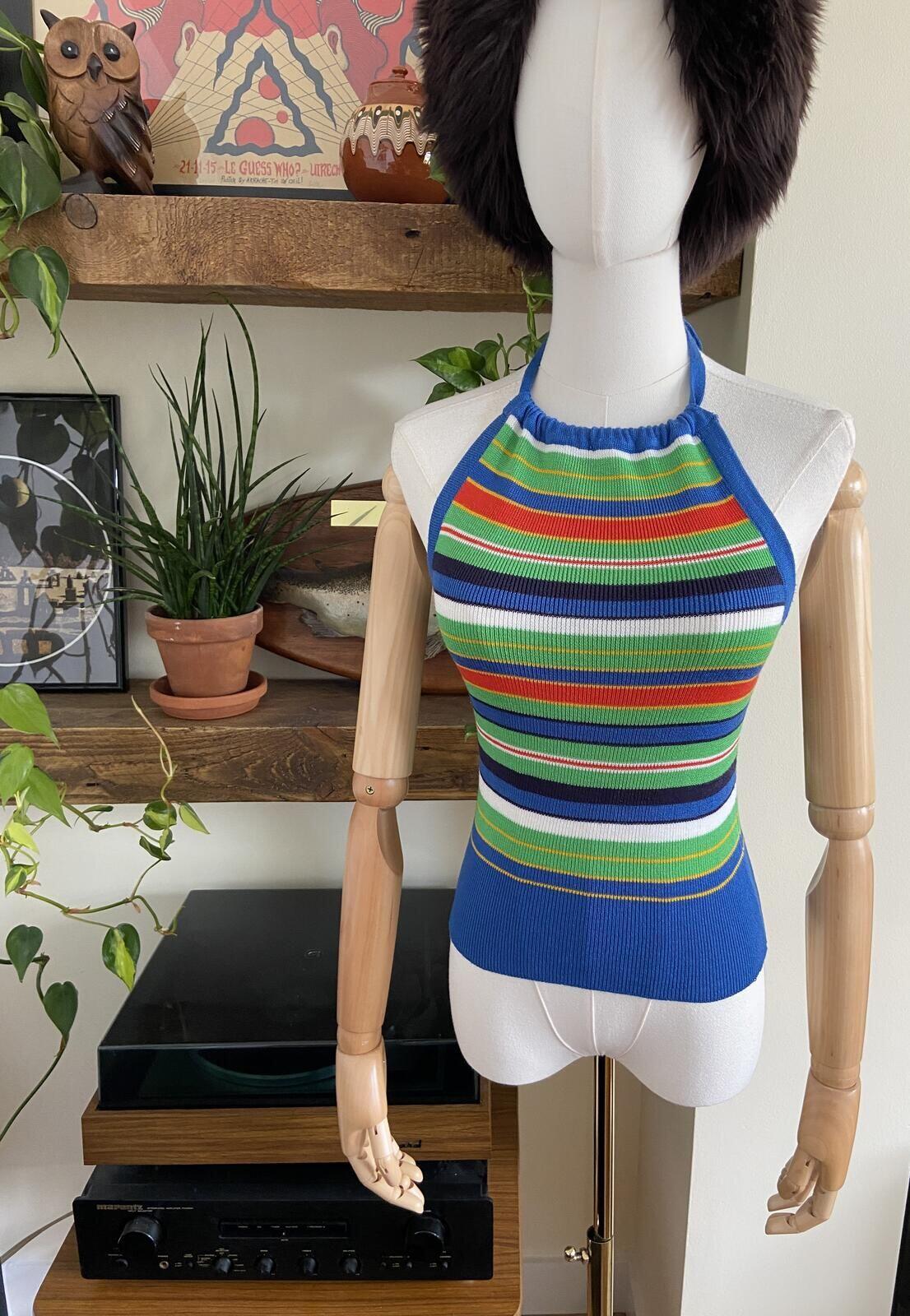 Vintage 1970s Blue Striped Halterneck Top