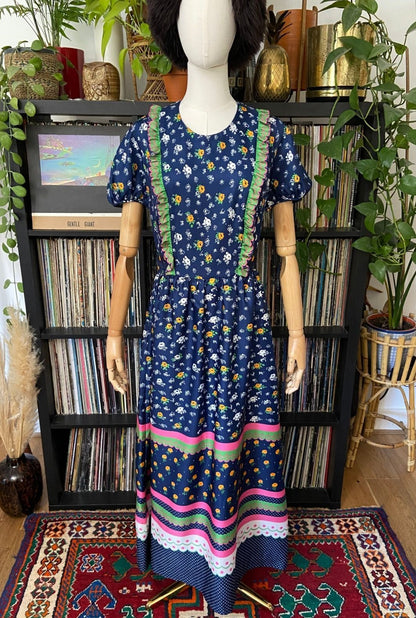 Vintage 1970s Navy Folk Maxi Dress