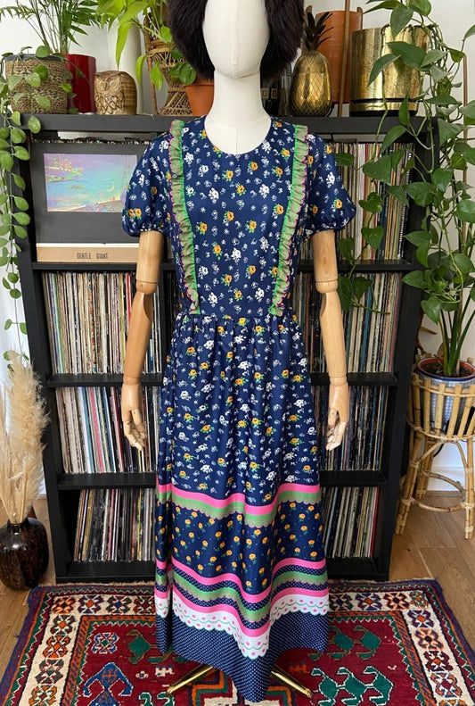 Vintage 1970s Navy Folk Maxi Dress