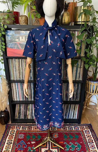 Vintage 1970s Navy Embroidered Pussybow Dress