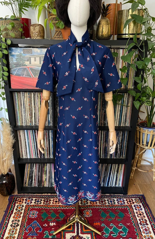 Vintage 1970s Navy Embroidered Pussybow Dress