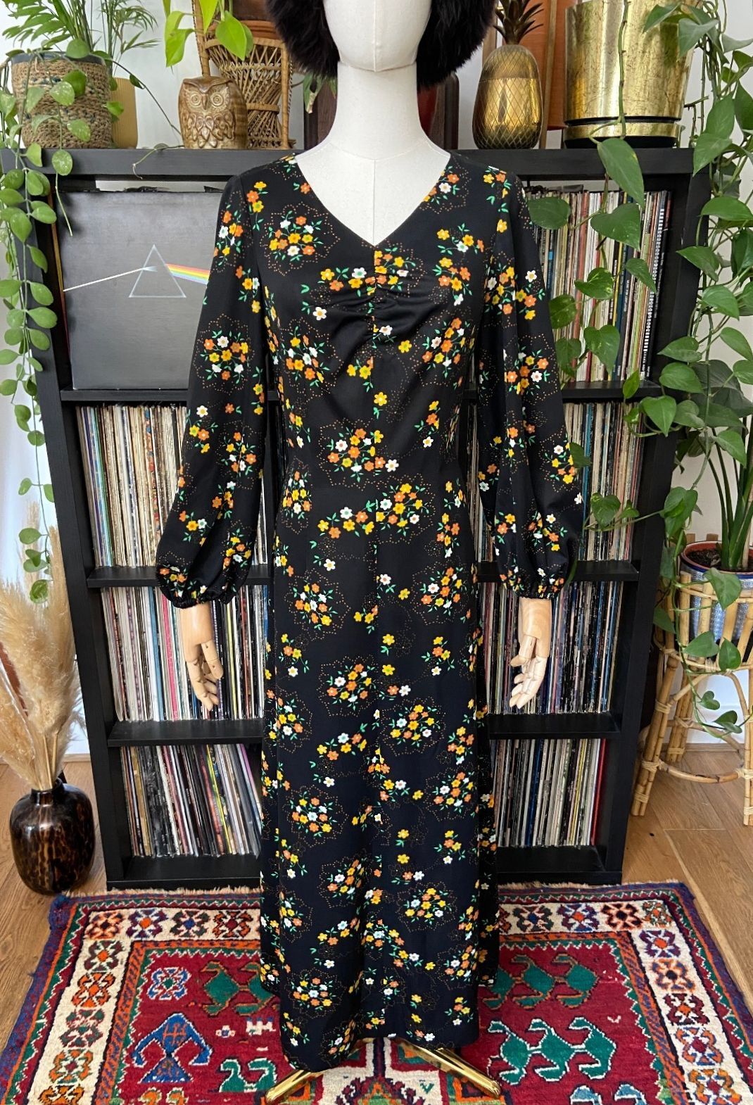 Vintage 1970s Black Floral Maxi Dress