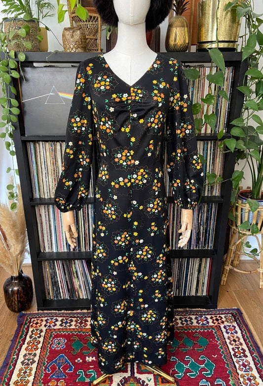 Vintage 1970s Black Floral Maxi Dress