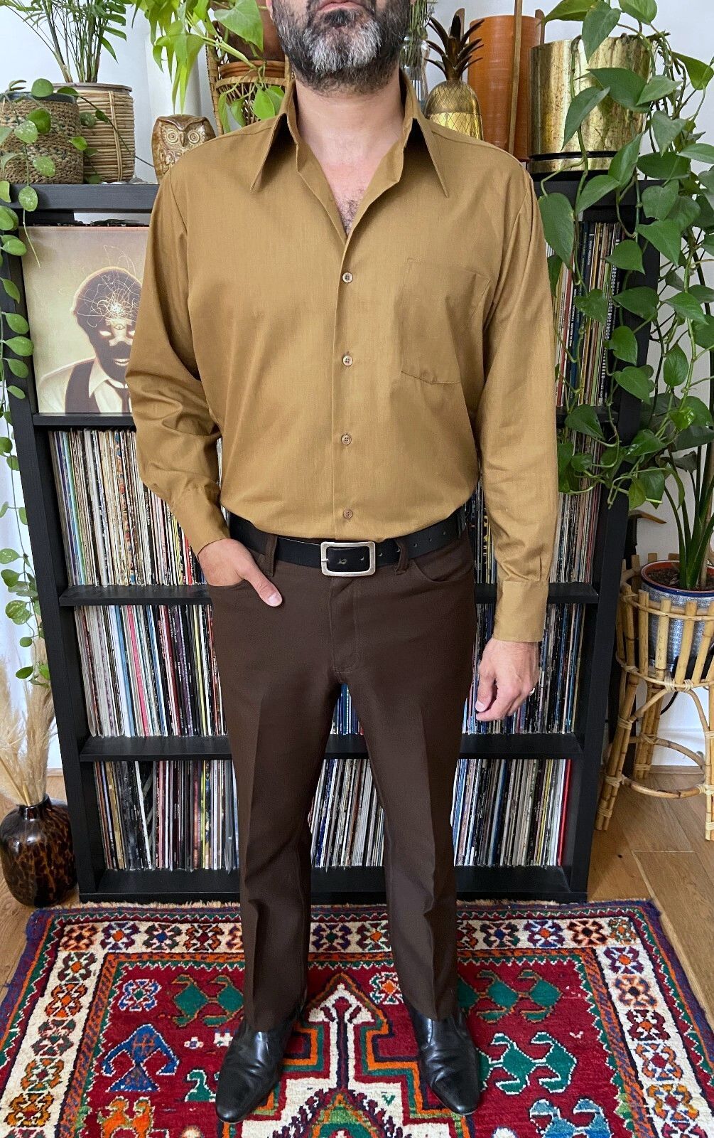 Vintage 1970s Tan Dagger Collar Shirt